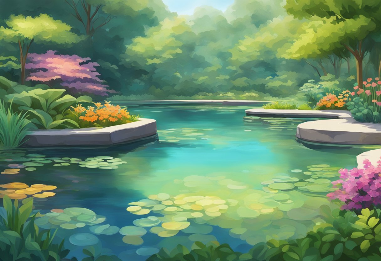 A serene pond with crystal-clear water, surrounded by lush greenery and colorful aquatic plants. A filter system hums softly in the background, maintaining the water's pristine condition