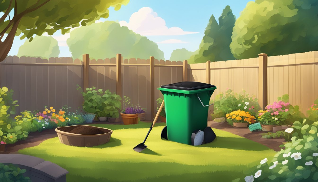 A sunny backyard with a compost bin, shovel, and various organic materials scattered around. A small garden can be seen in the background