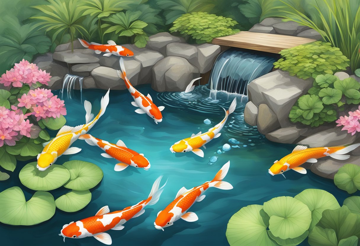 A serene koi pond with multiple filtration systems, including a waterfall, UV clarifier, and mechanical filter, all working to keep the water clean and clear