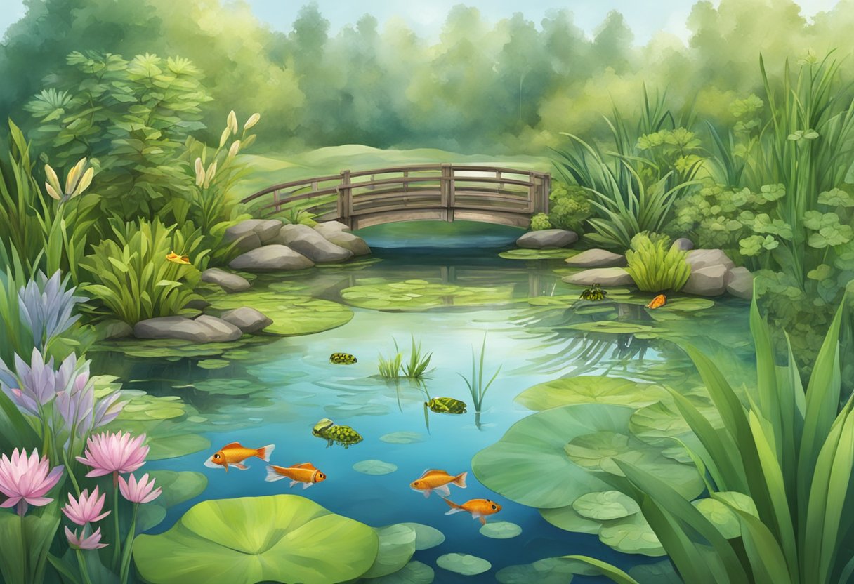 A pond with a variety of aquatic plants and animals, including fish, frogs, and insects, with a filter system running to maintain the balance of the ecosystem