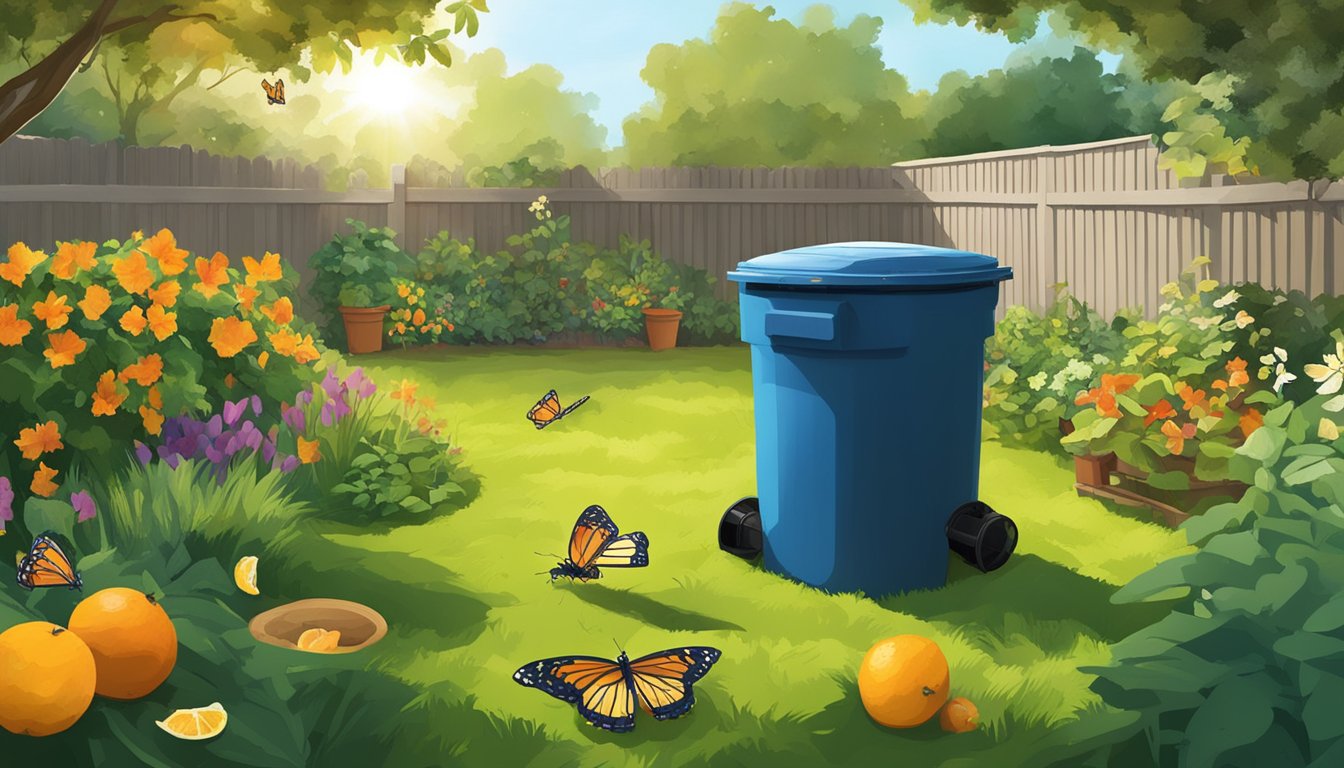 A lush backyard in Lakeland, FL with a compost bin surrounded by various organic materials like fruit peels, leaves, and grass clippings. The sun is shining, and there are butterflies fluttering around