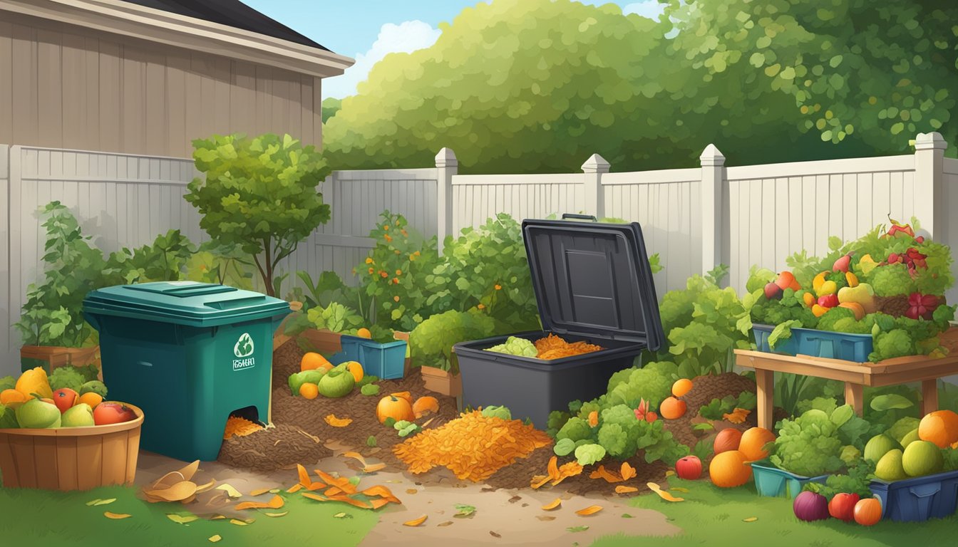 A backyard with a compost bin surrounded by various types of organic waste such as fruit peels, vegetable scraps, and yard clippings