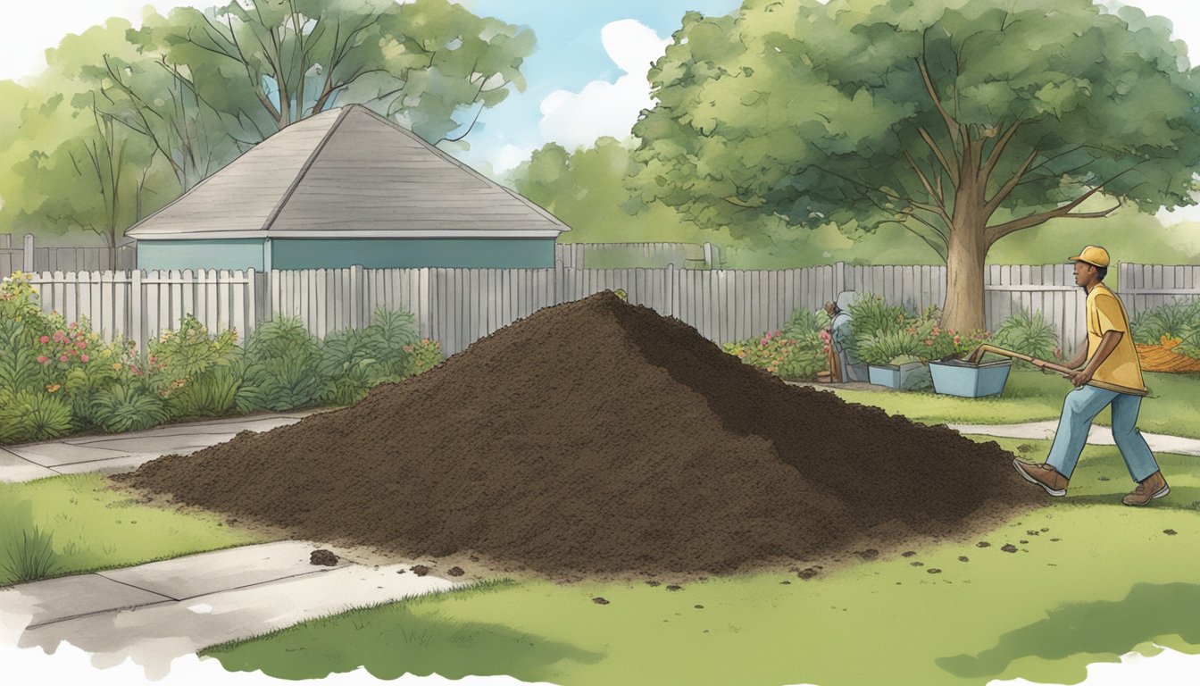 A person turning a compost pile in a backyard surrounded by trees and a small garden in Jacksonville, FL