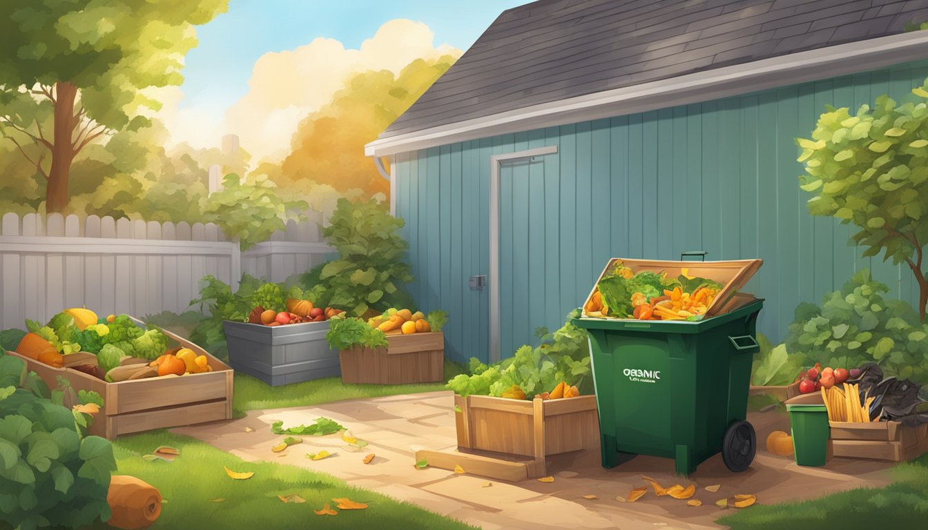 A sunny backyard with a compost bin surrounded by various types of organic waste, including fruit peels, vegetable scraps, and yard clippings