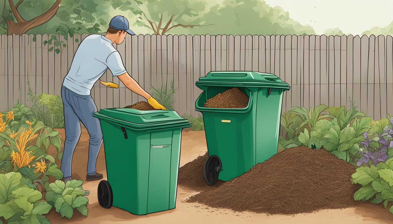 A person placing food scraps and yard waste into a designated compost bin in a backyard garden in Jacksonville, FL