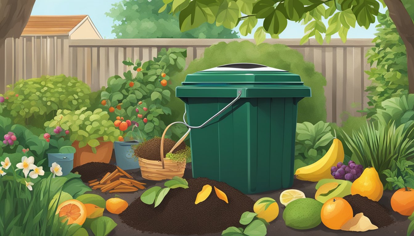 A lush garden in Lakeland, FL with a compost bin, surrounded by various organic materials like fruit peels, coffee grounds, and grass clippings