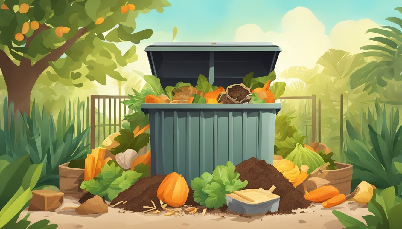 A backyard compost bin surrounded by various food scraps, yard waste, and a shovel in a sunny Miami, FL setting