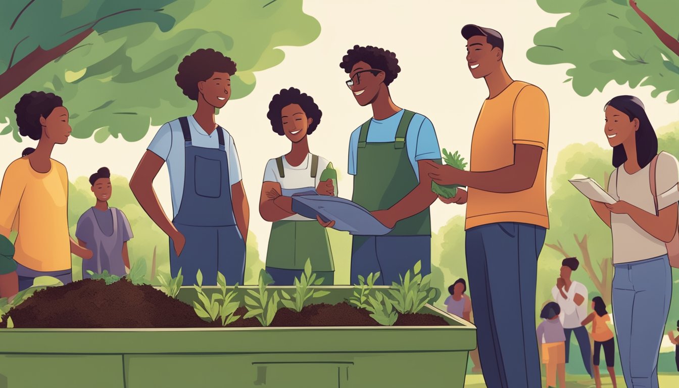 A group of diverse individuals gather in a park, surrounded by compost bins and greenery, as they learn about composting from a knowledgeable guide