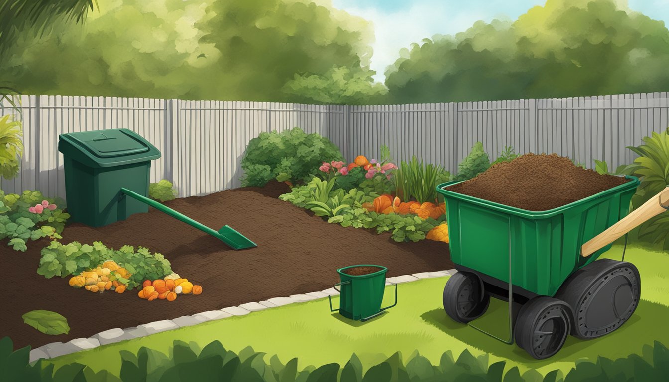 A lush backyard in Lakeland, FL with a compost bin, a shovel, and a variety of organic waste being added to the compost pile