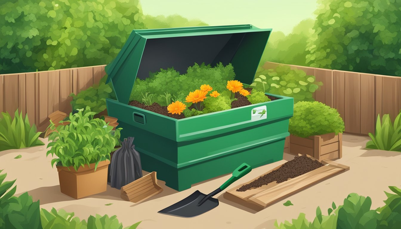 A backyard compost bin surrounded by green plants and a variety of organic waste materials, with a shovel and gardening gloves nearby