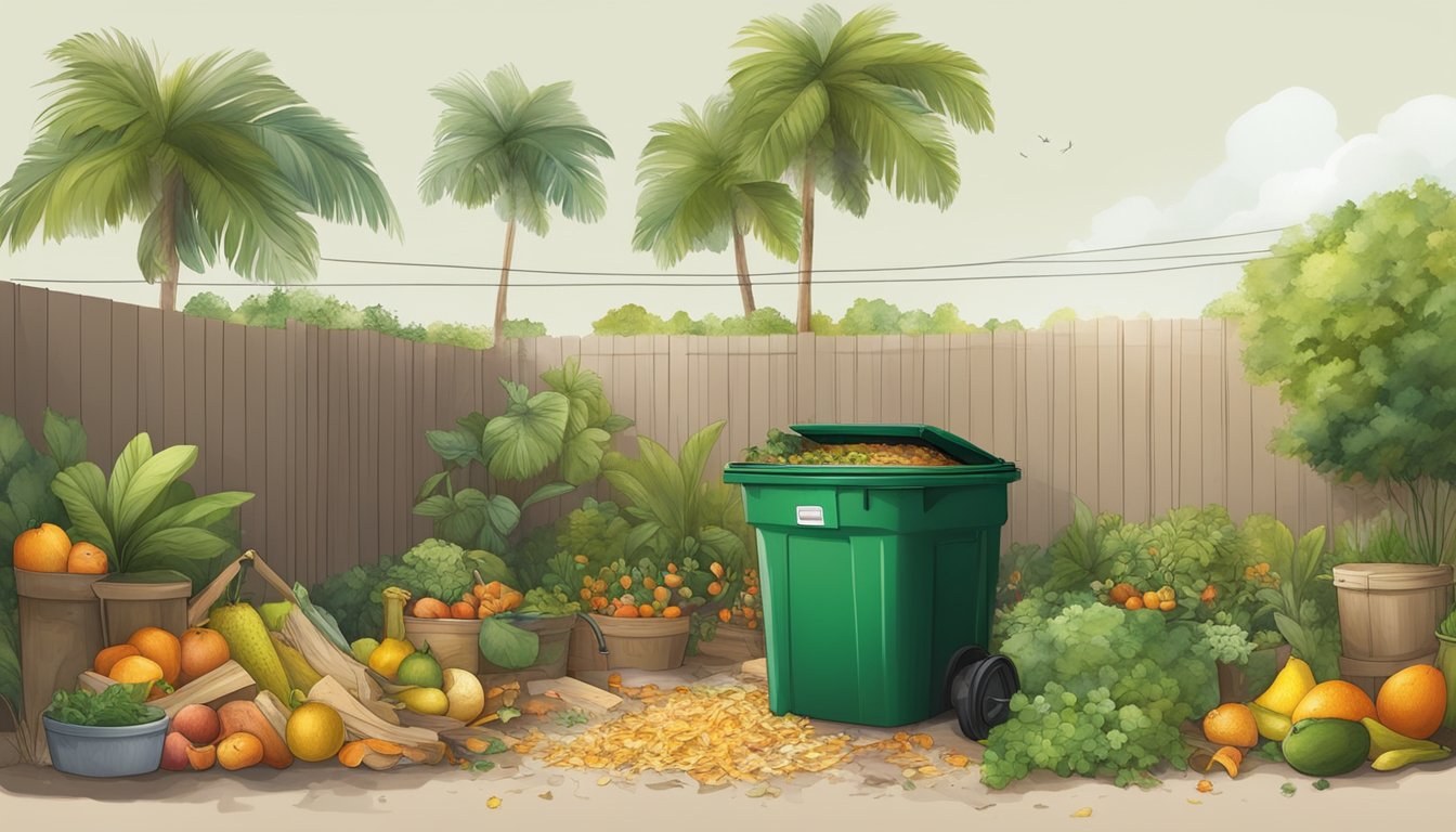 A backyard in Miami, FL with a compost bin surrounded by a variety of organic waste materials such as fruit peels, vegetable scraps, and yard clippings