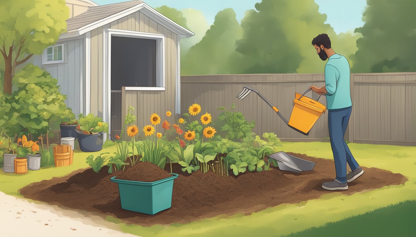 A sunny backyard with a compost bin, a variety of food scraps, yard waste, and a shovel. A person is turning the compost with a pitchfork