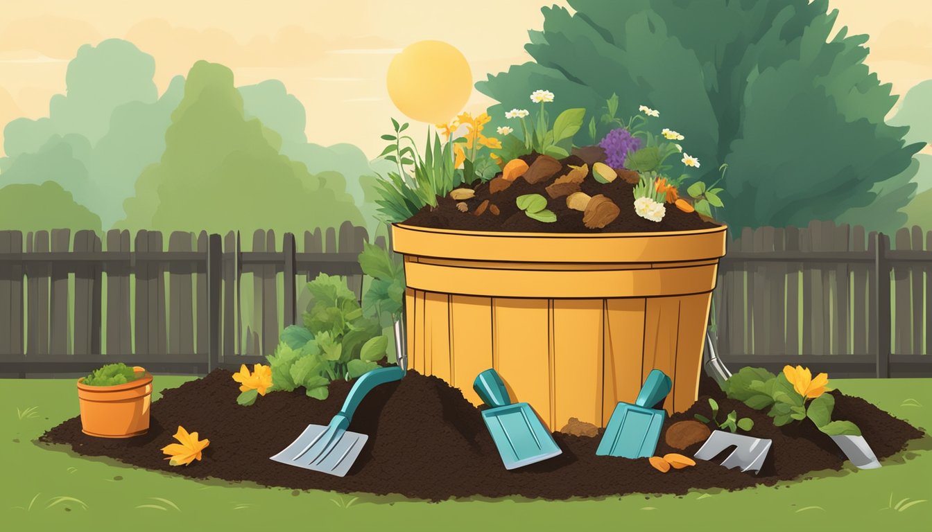 A backyard compost bin surrounded by a variety of organic waste, with a shovel and gardening gloves nearby