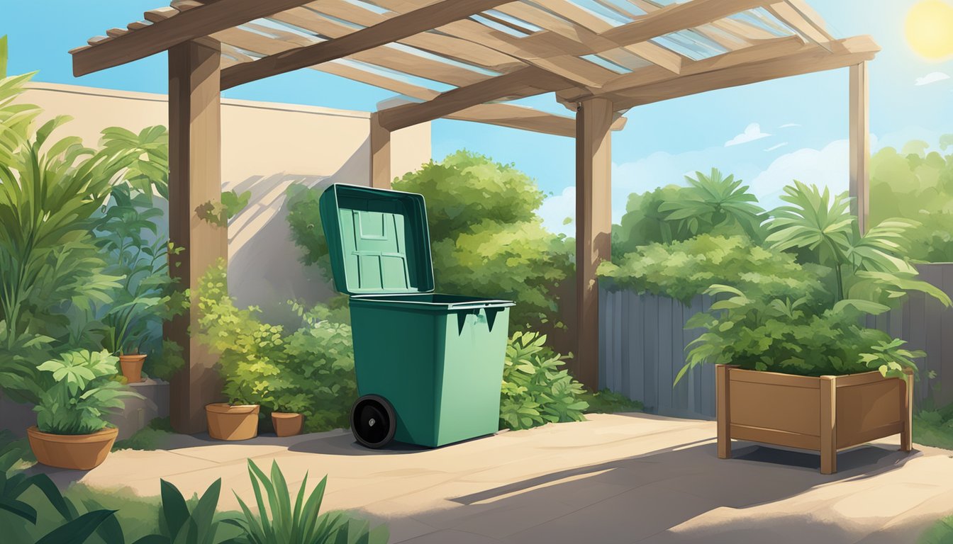 A sunny backyard with a compost bin, surrounded by green plants and palm trees, with a clear blue sky overhead