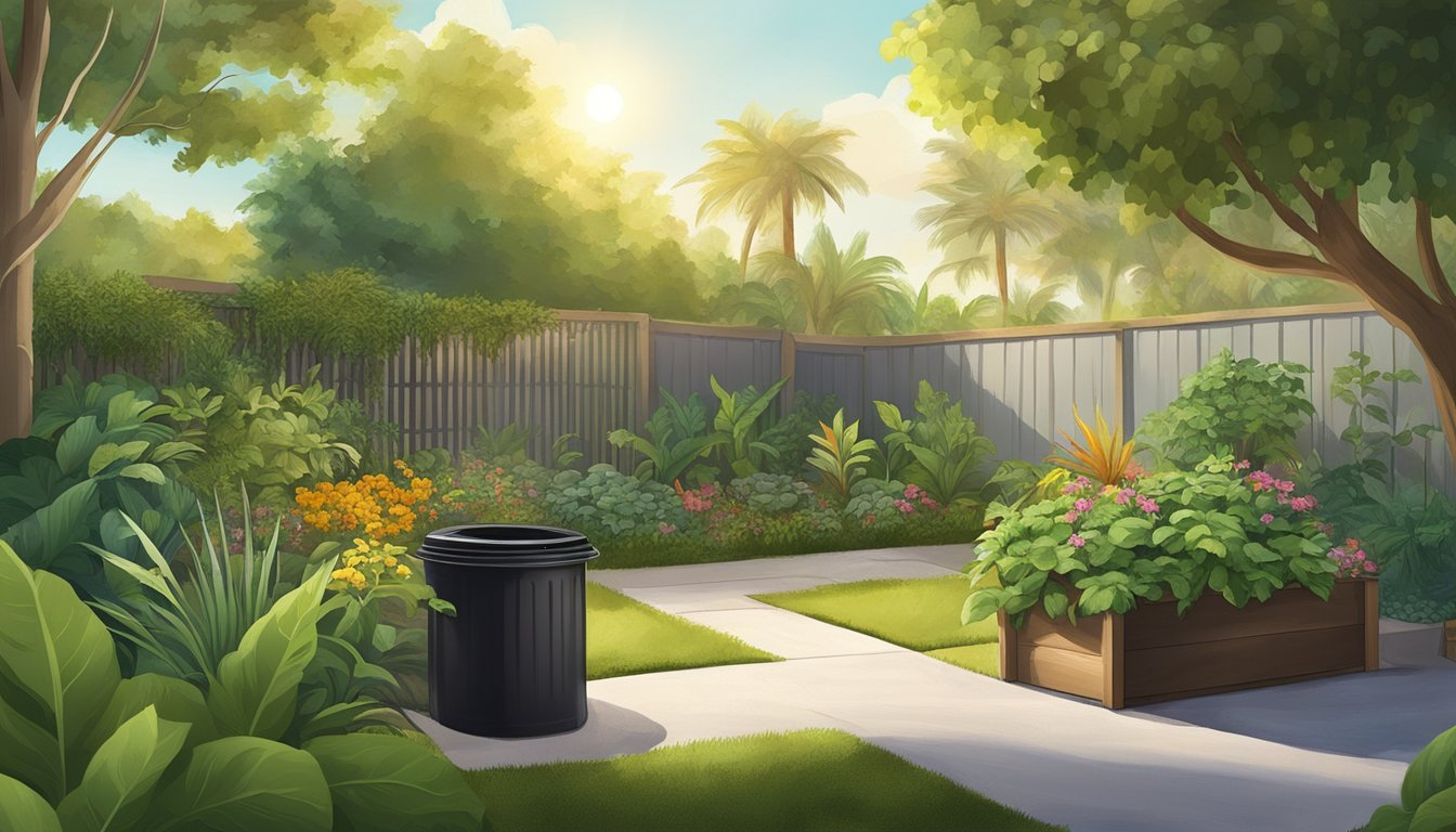 A lush garden in Miami, FL with a compost bin, greenery, and thriving plants. The sun is shining, and there are various types of compostable materials being added to the bin