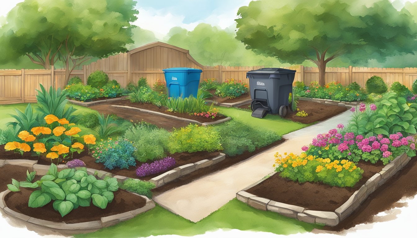 A lush garden in Lakeland, FL with a compost bin, recycling bins, and a variety of organic waste being turned into nutrient-rich soil