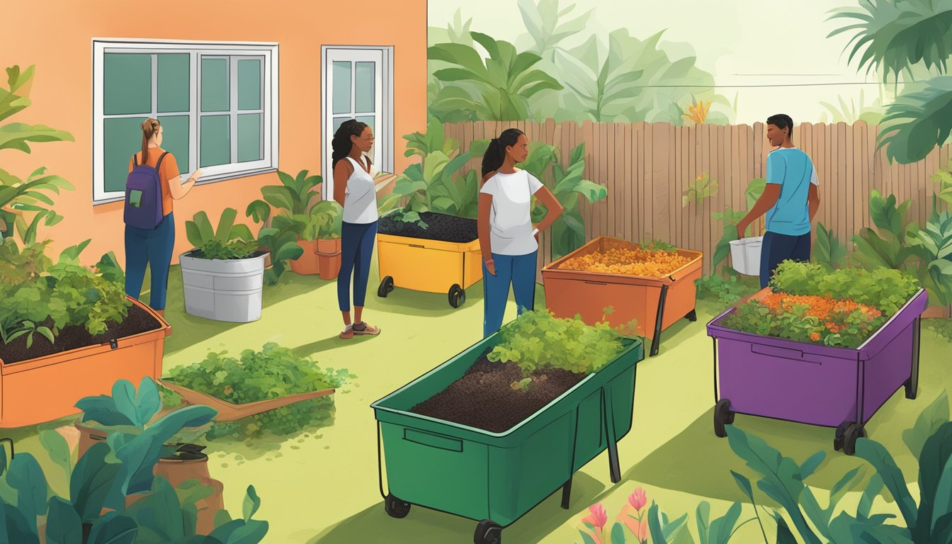 A sunny Miami backyard with colorful compost bins, lush green plants, and a diverse group of people learning about composting