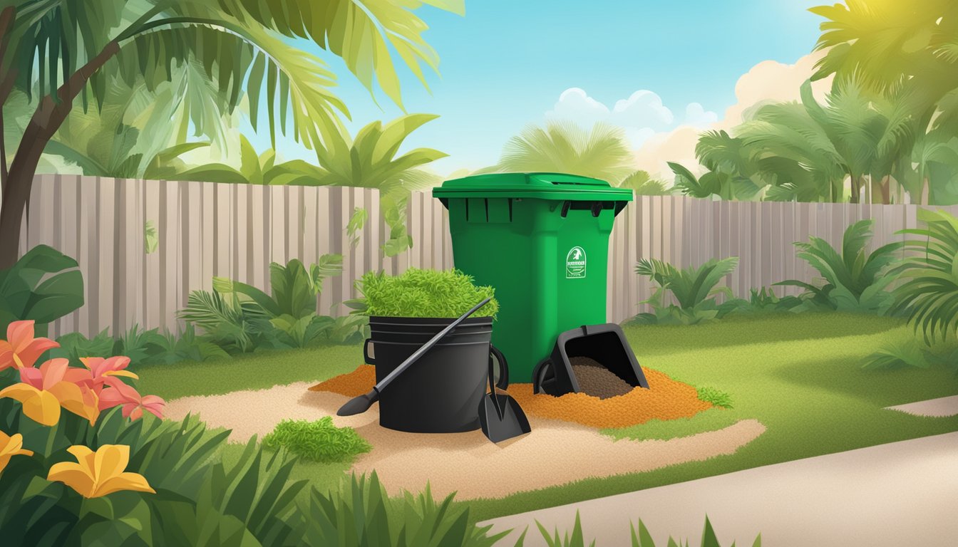 A backyard in Miami Gardens, FL with a compost bin, green waste, and a shovel. Sunshine and palm trees in the background