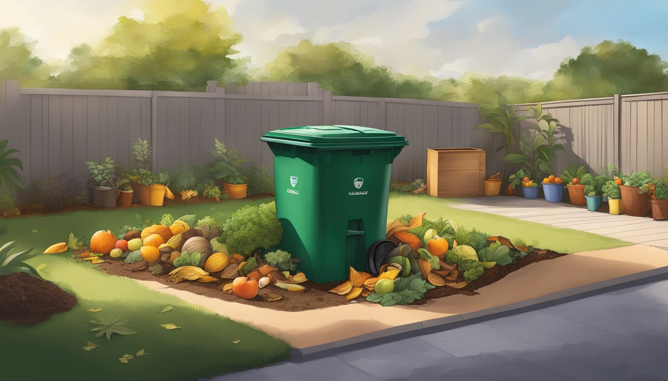 A backyard in Miramar, FL with a compost bin surrounded by a variety of organic waste, including fruit peels, vegetable scraps, and dried leaves