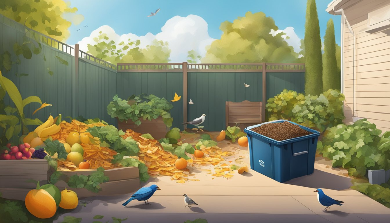 A backyard in Orlando, FL with a compost bin surrounded by a variety of organic waste, including fruit peels, vegetable scraps, and dry leaves. The sun is shining, and there are birds flying in the sky