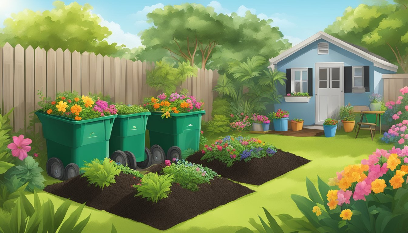 A sunny backyard filled with compost bins and gardening tools, surrounded by lush greenery and colorful flowers in Miami Gardens, FL