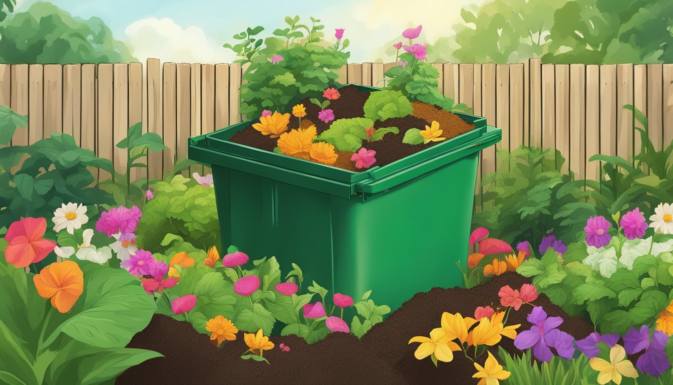 A colorful array of organic waste, leaves, and soil mix in a compost bin, surrounded by lush green plants and flowers in a sunny Orlando backyard