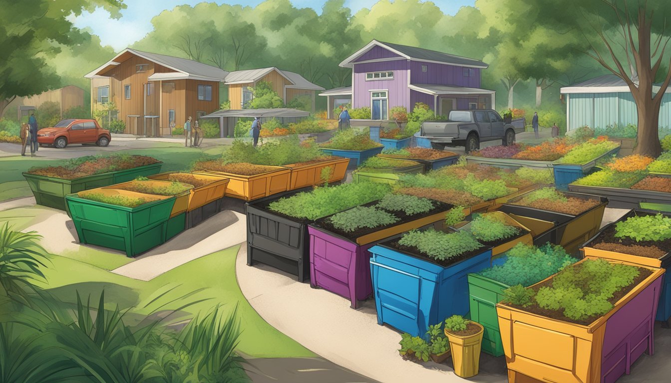 A colorful array of composting bins surrounded by lush greenery and a diverse community in Orlando, FL