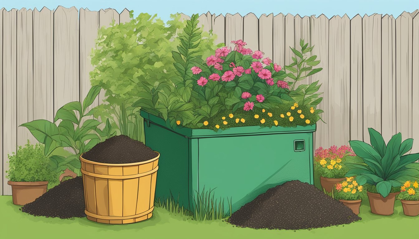 A backyard compost bin surrounded by lush green plants and flowers, with a small sign indicating "Miramar, FL Sustainability Guide."