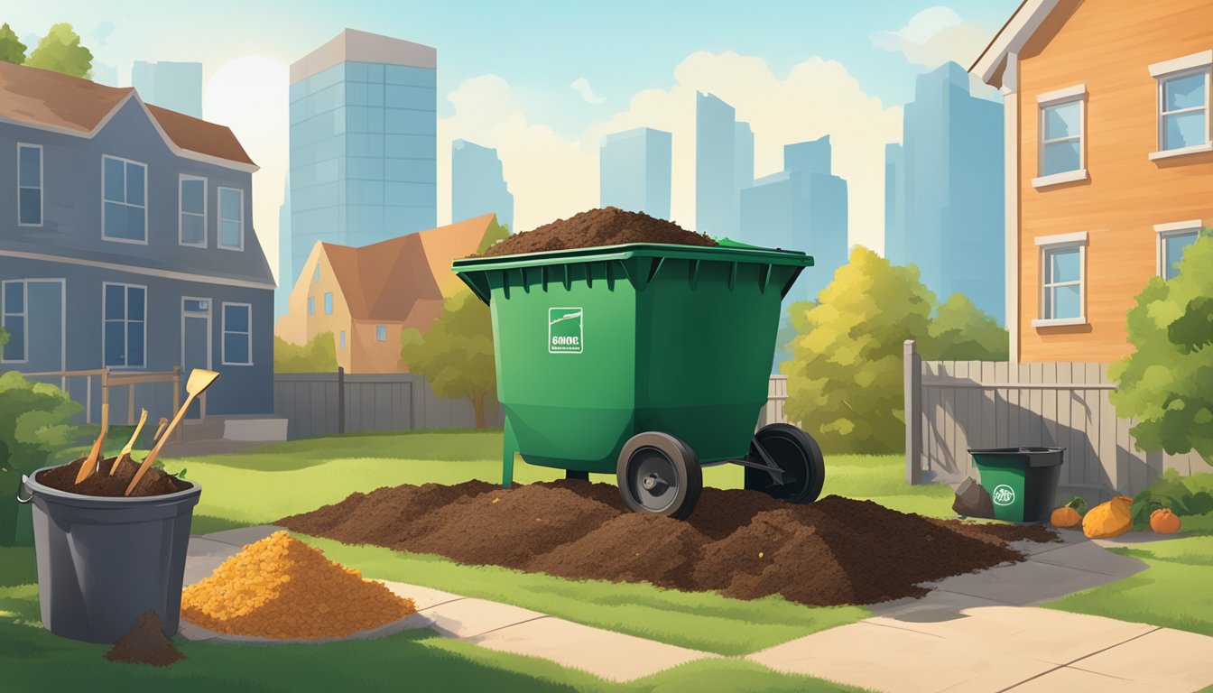 A sunny backyard with a compost bin, shovel, and various organic waste materials being added to the pile. A city skyline is visible in the background