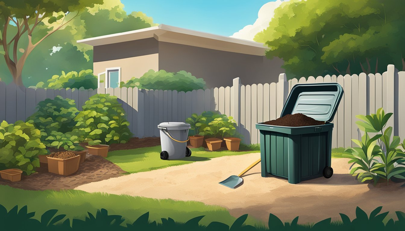 A backyard in Pembroke Pines, FL with a compost bin, shovel, and various organic materials scattered around. Trees and a sunny sky in the background