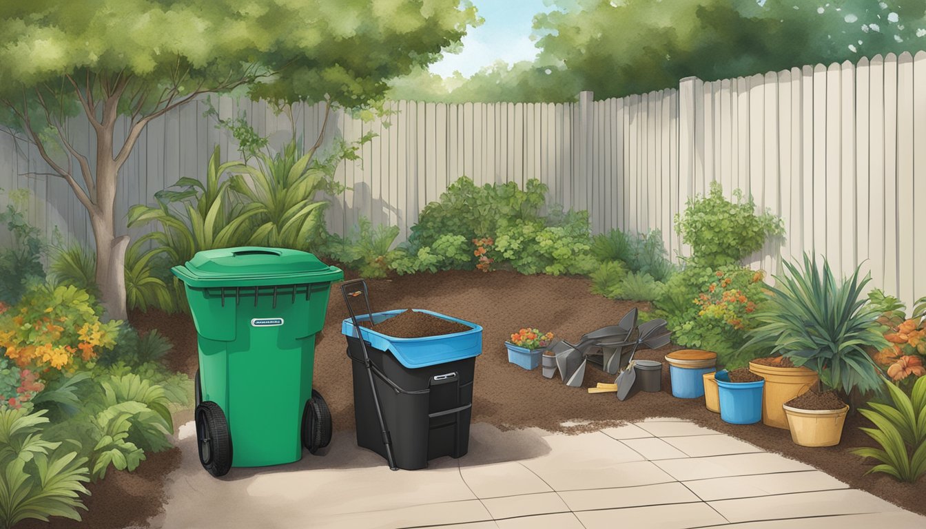 A backyard in Pompano Beach, FL with a compost bin, garden tools, and various organic materials being mixed together