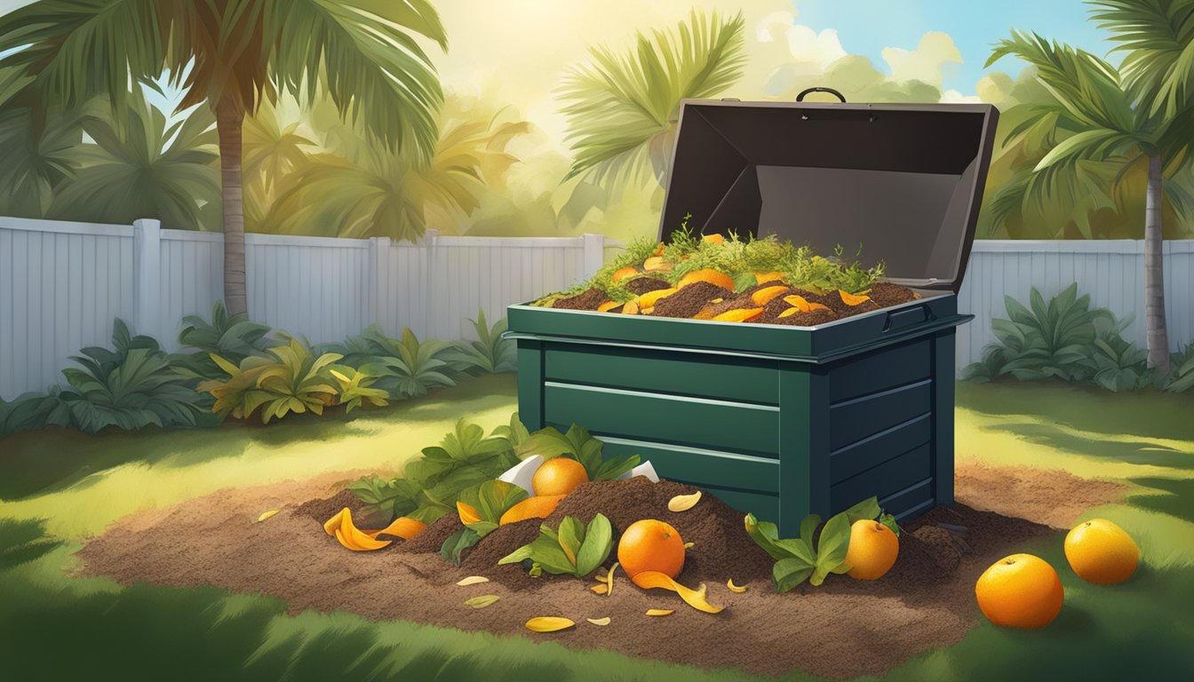 A backyard compost bin surrounded by various organic materials like fruit peels, coffee grounds, and yard waste, with sunlight filtering through the palm trees in Palm Bay, FL