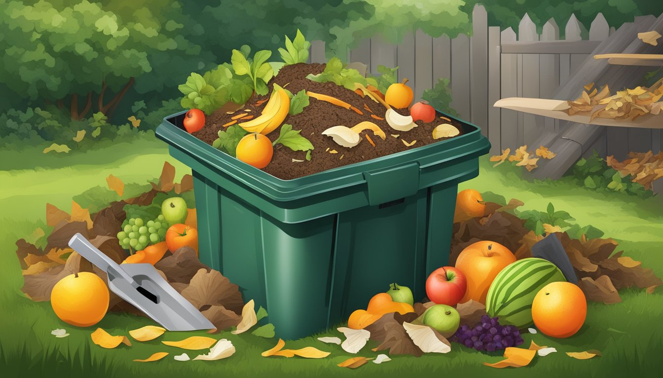 A backyard compost bin surrounded by a variety of organic waste, including fruit peels, vegetable scraps, and yard clippings, with a shovel nearby