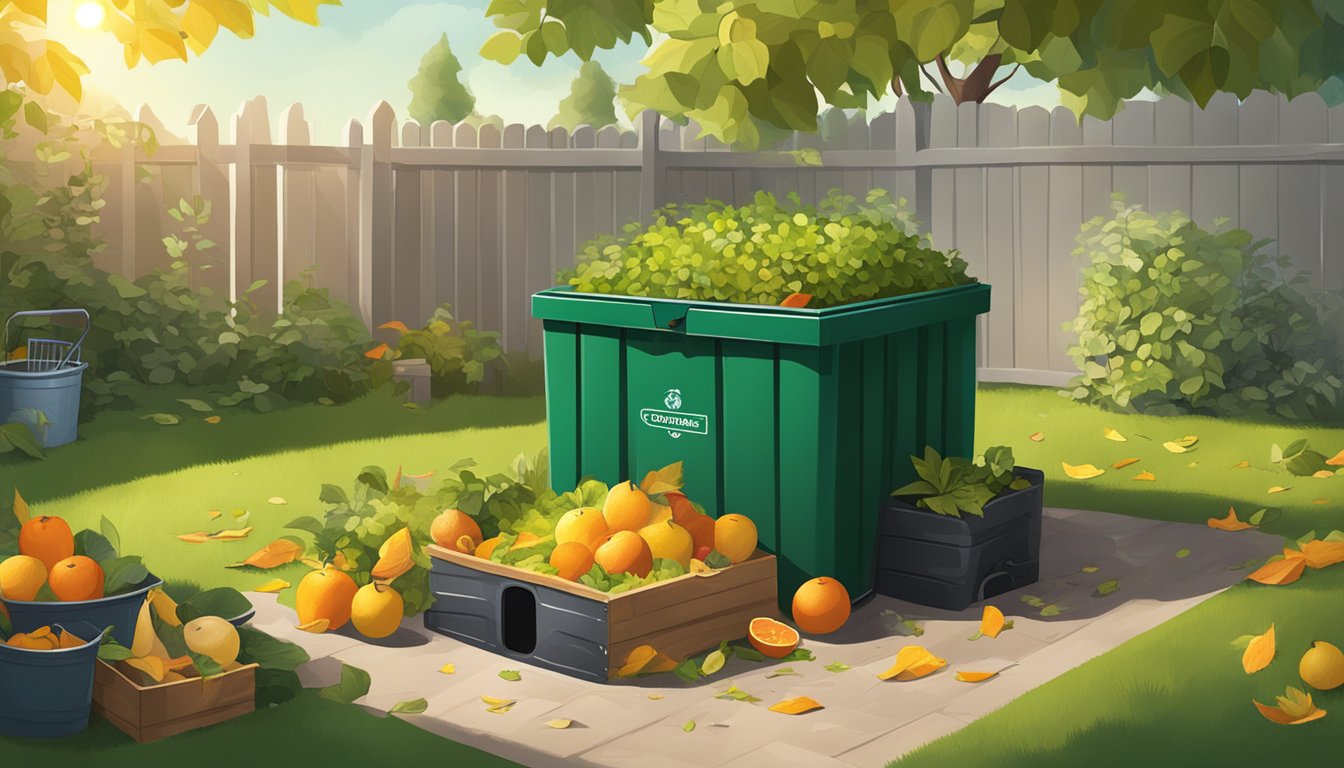 A sunny backyard with a compost bin, shovel, and various organic materials such as fruit peels, leaves, and grass clippings scattered around