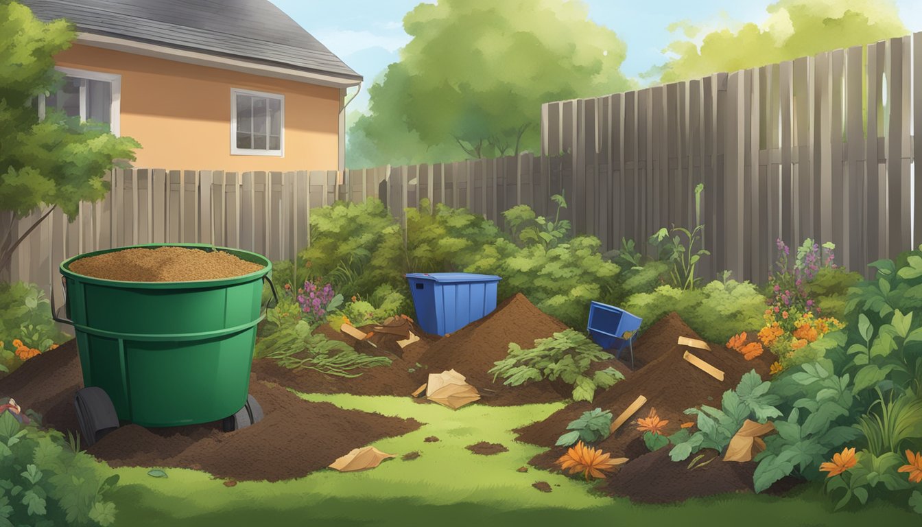 A backyard with a compost bin surrounded by greenery and various organic waste materials being added to the pile