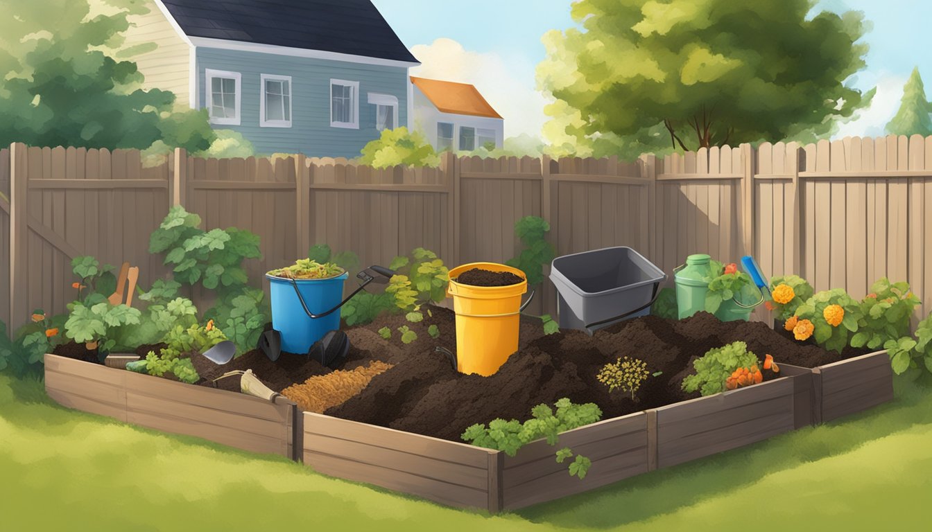 A sunny backyard with a compost bin, gardening tools, and various organic waste materials being added to the compost pile