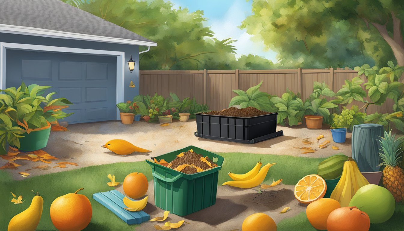 A backyard in Pompano Beach, FL with a compost bin surrounded by a variety of organic materials such as fruit peels, vegetable scraps, and yard waste. The sun is shining and birds are chirping