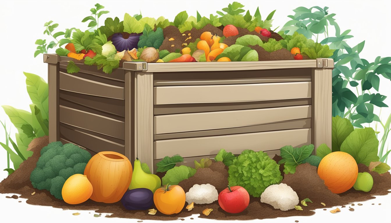 A backyard compost bin surrounded by a variety of organic waste materials, including fruit and vegetable scraps, leaves, and grass clippings