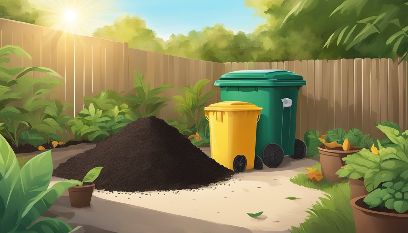 A backyard in Palm Bay, FL with a compost bin, shovel, and various organic waste materials. Sunshine and greenery in the background