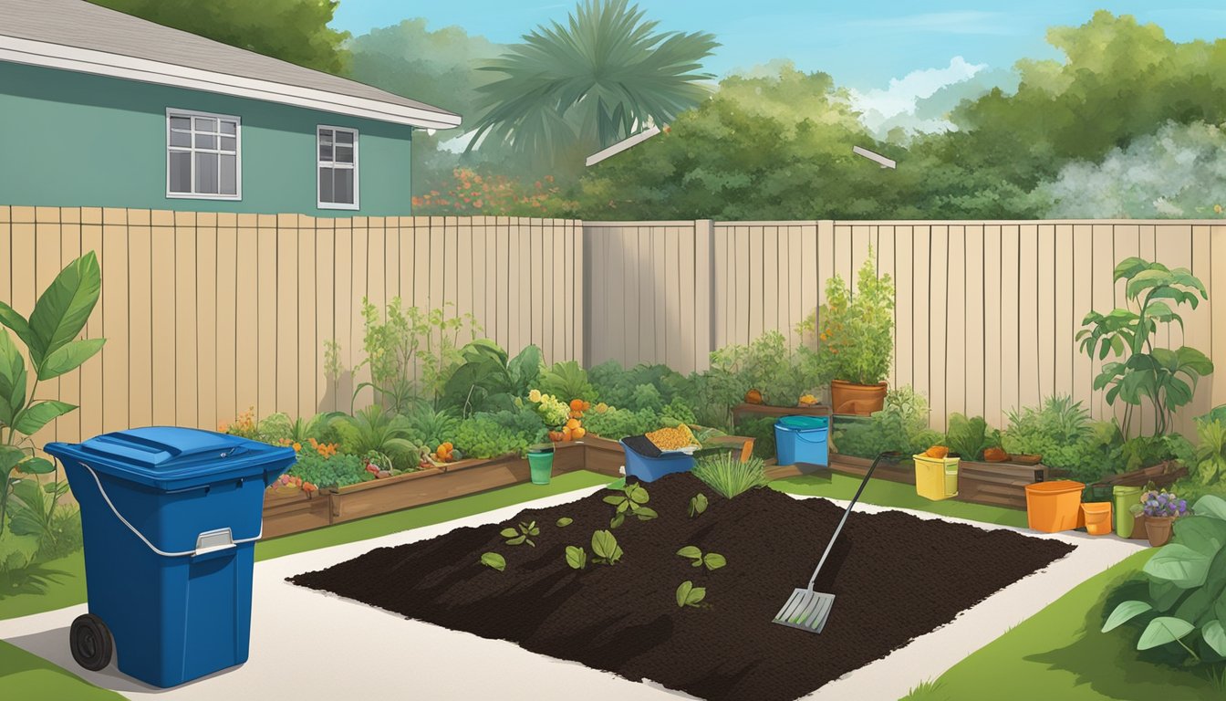 A backyard in Pompano Beach, FL with a compost bin, gardening tools, and various organic waste materials being added to the compost pile