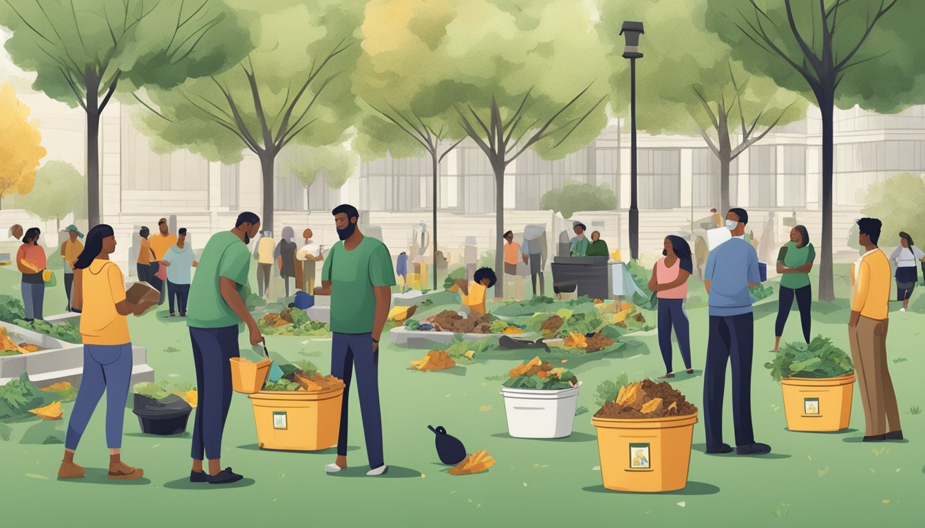 A diverse group of people gather in a park, sorting and composting organic waste, while city officials observe and discuss regulations