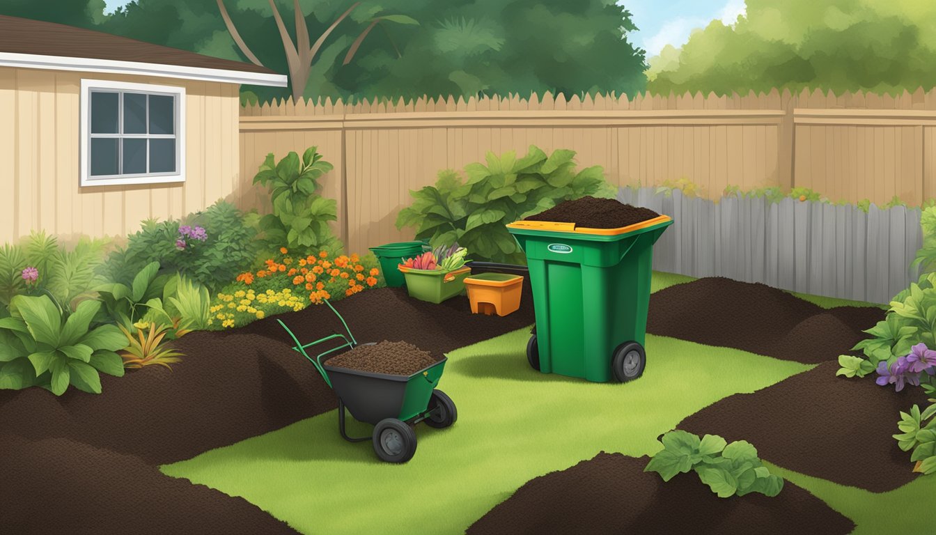 A backyard in Pembroke Pines, FL with a compost bin, garden tools, and various organic materials being added to the compost pile