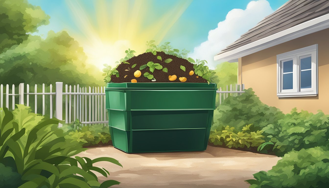 A backyard compost bin surrounded by greenery and a sunny sky in Pompano Beach, FL