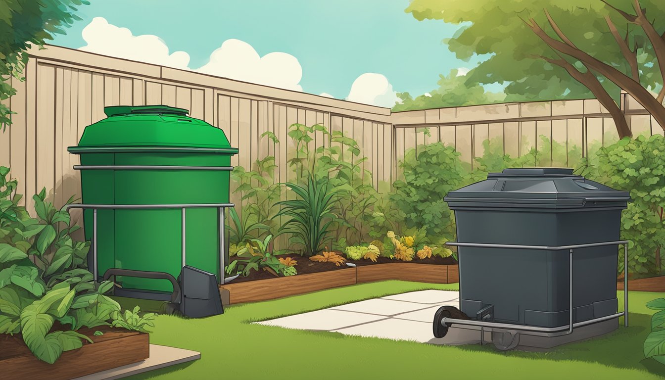 A backyard composting setup with bins, tumblers, and a worm composting system surrounded by lush greenery and a sunny sky in Pompano Beach, FL