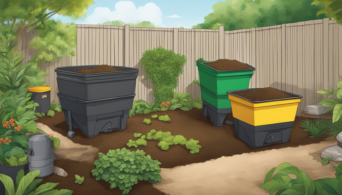 A backyard in Pembroke Pines, FL with various composting methods in action: vermiculture, bokashi, and compost tumblers surrounded by lush greenery