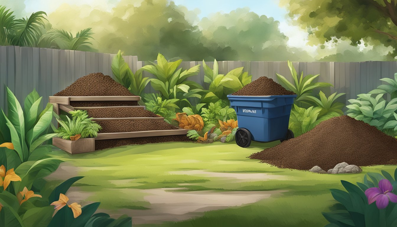 A backyard compost pile with a variety of organic materials layered in a bin, surrounded by green plants and trees in Palm Bay, FL