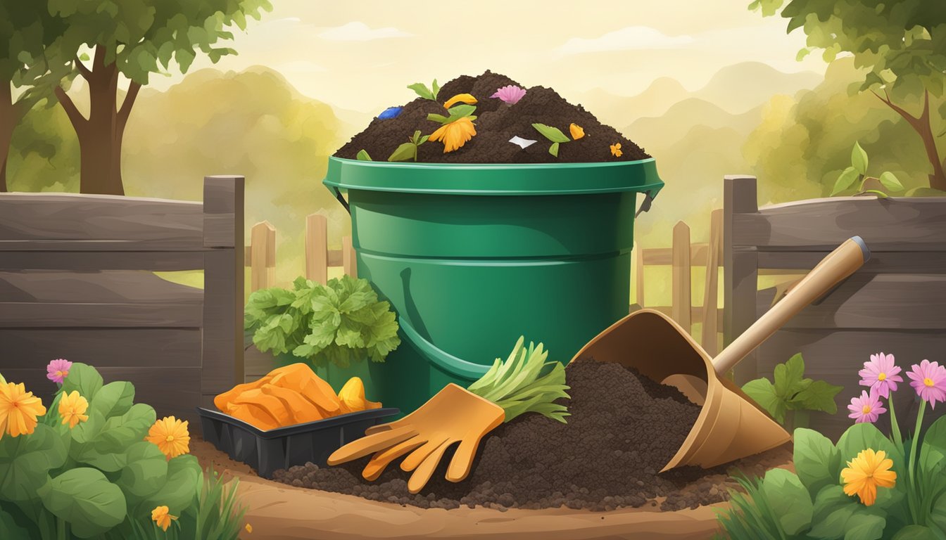 A backyard compost bin surrounded by a variety of organic waste materials, with a shovel and gardening gloves nearby