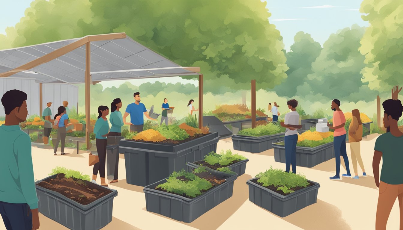 A sunny outdoor workshop with people learning about composting, surrounded by greenery and composting bins