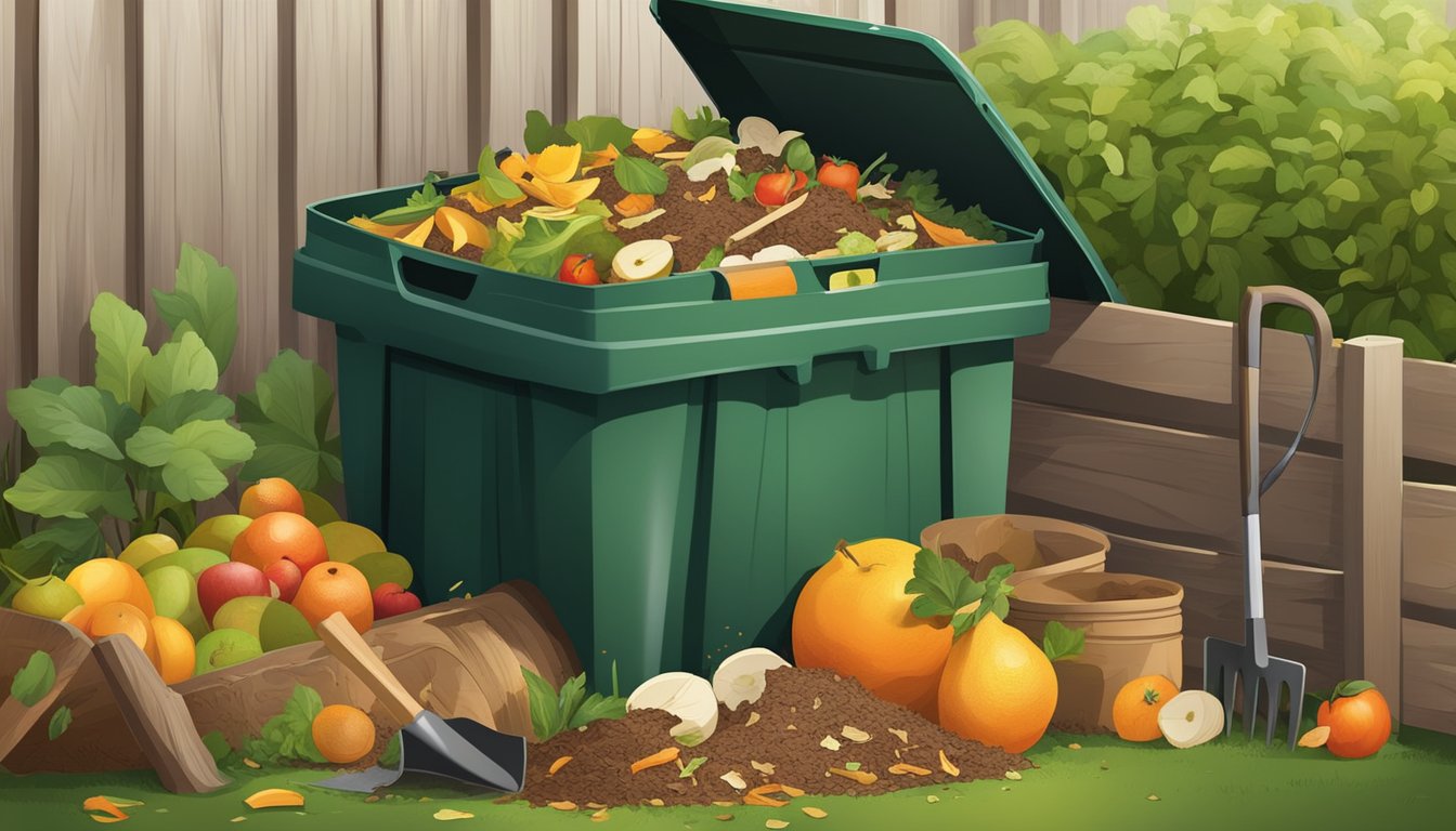 A backyard compost bin surrounded by a variety of organic waste materials, such as fruit peels, vegetable scraps, and yard clippings, with a small shovel nearby