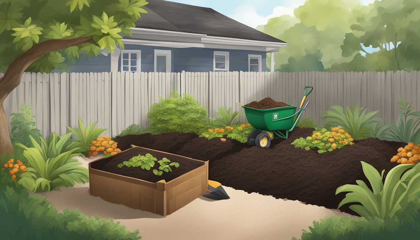 A backyard in St. Petersburg, FL with a compost pile, surrounded by a mix of green and brown organic materials, a shovel, and a compost bin